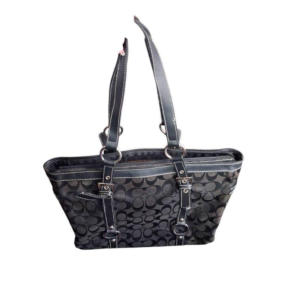 Coach black signature canvas gallery tote top handle leather trim